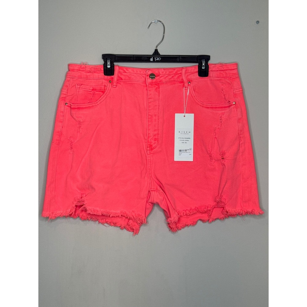 Risen Los Angeles Coral Pink Distressed Denim Shorts RDS6099X Plus Size 3XL NEW